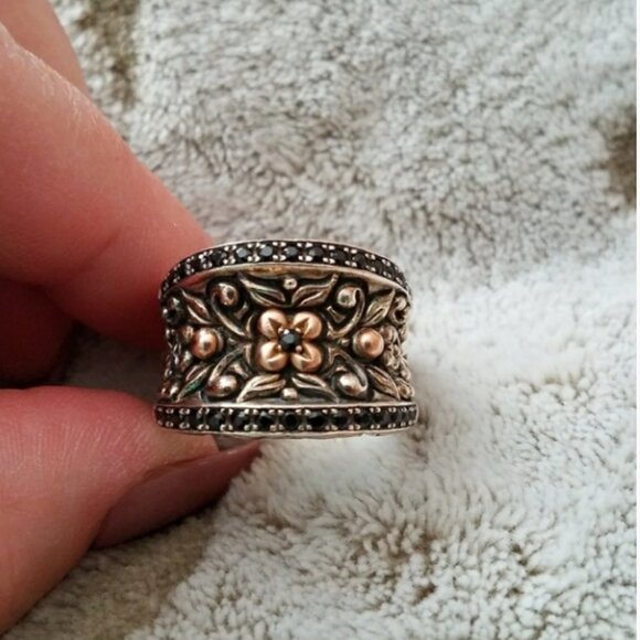 HP-Barbara BixbySS-18KBlack Onyx Sapphire Concave Cigar Wide Band-shaped RingSz9 - Picture 2 of 11